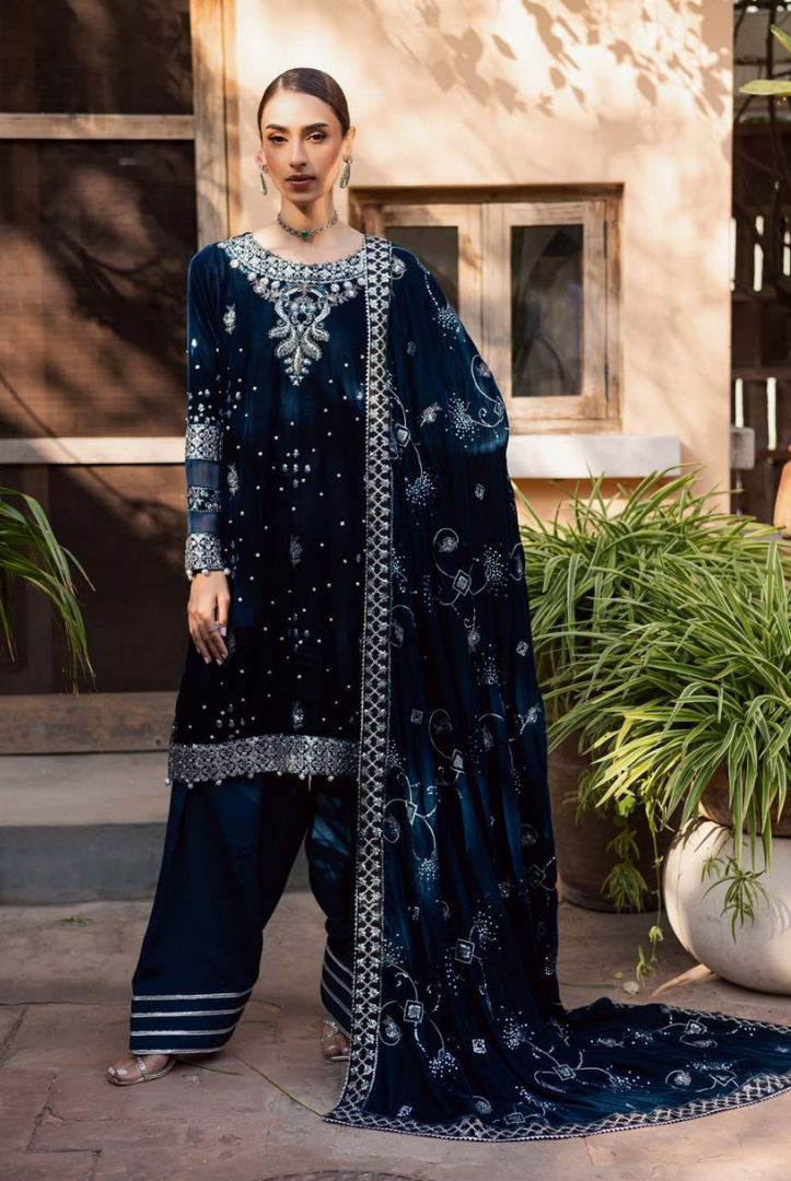 3 Piece Stitched Embroidered Velvet Suit with Shawl | Luxury Wedding Wear MAYA by Nureh