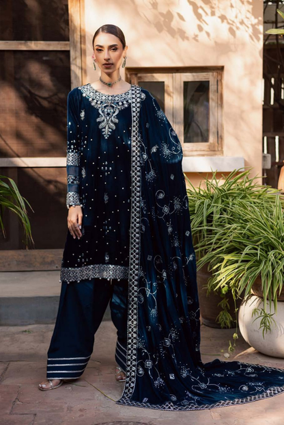 3 Piece Stitched Embroidered Velvet Suit with Shawl | Luxury Wedding Wear MAYA by Nureh