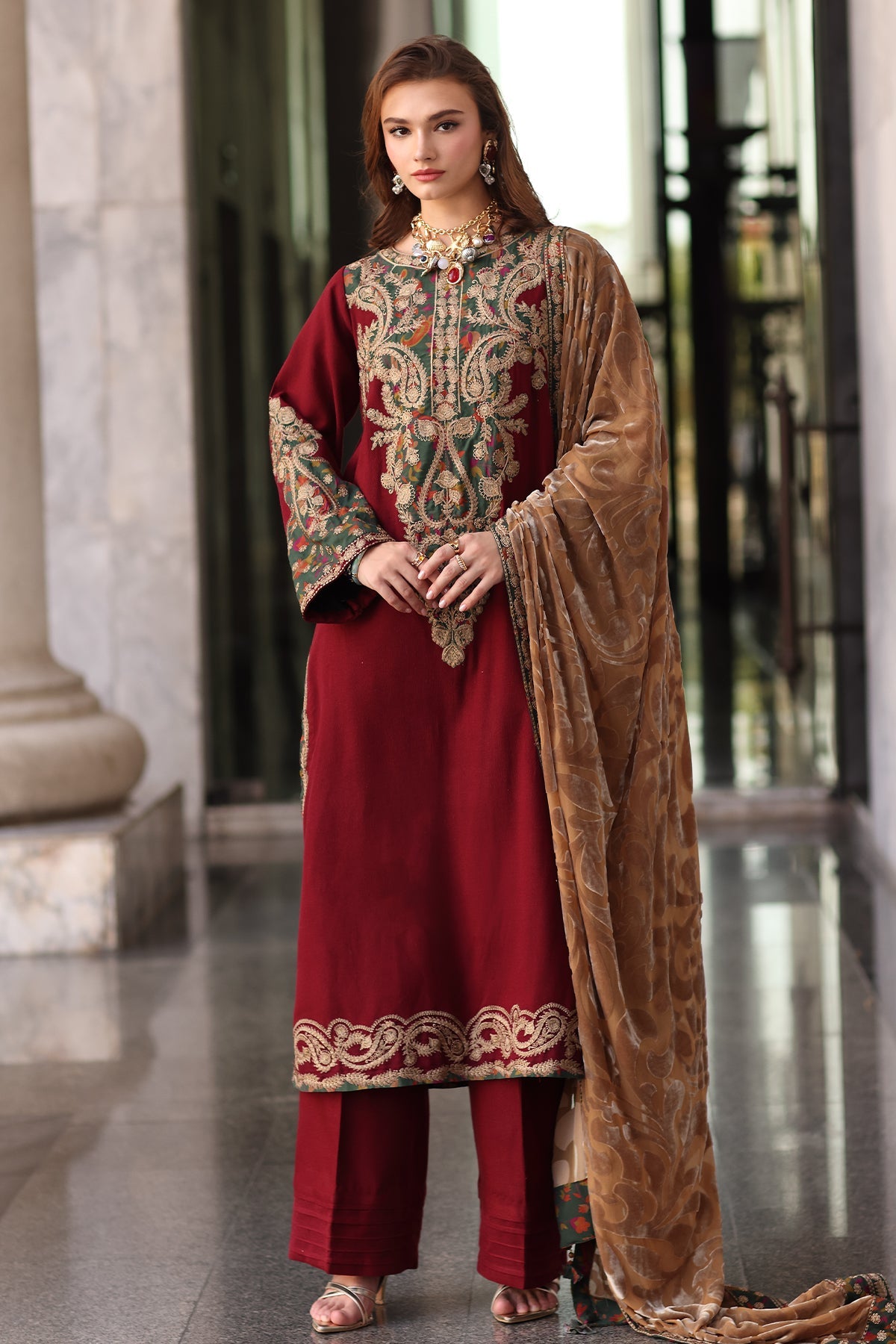 3-pc Stitched Embroidered Dyed Leather Shirt
