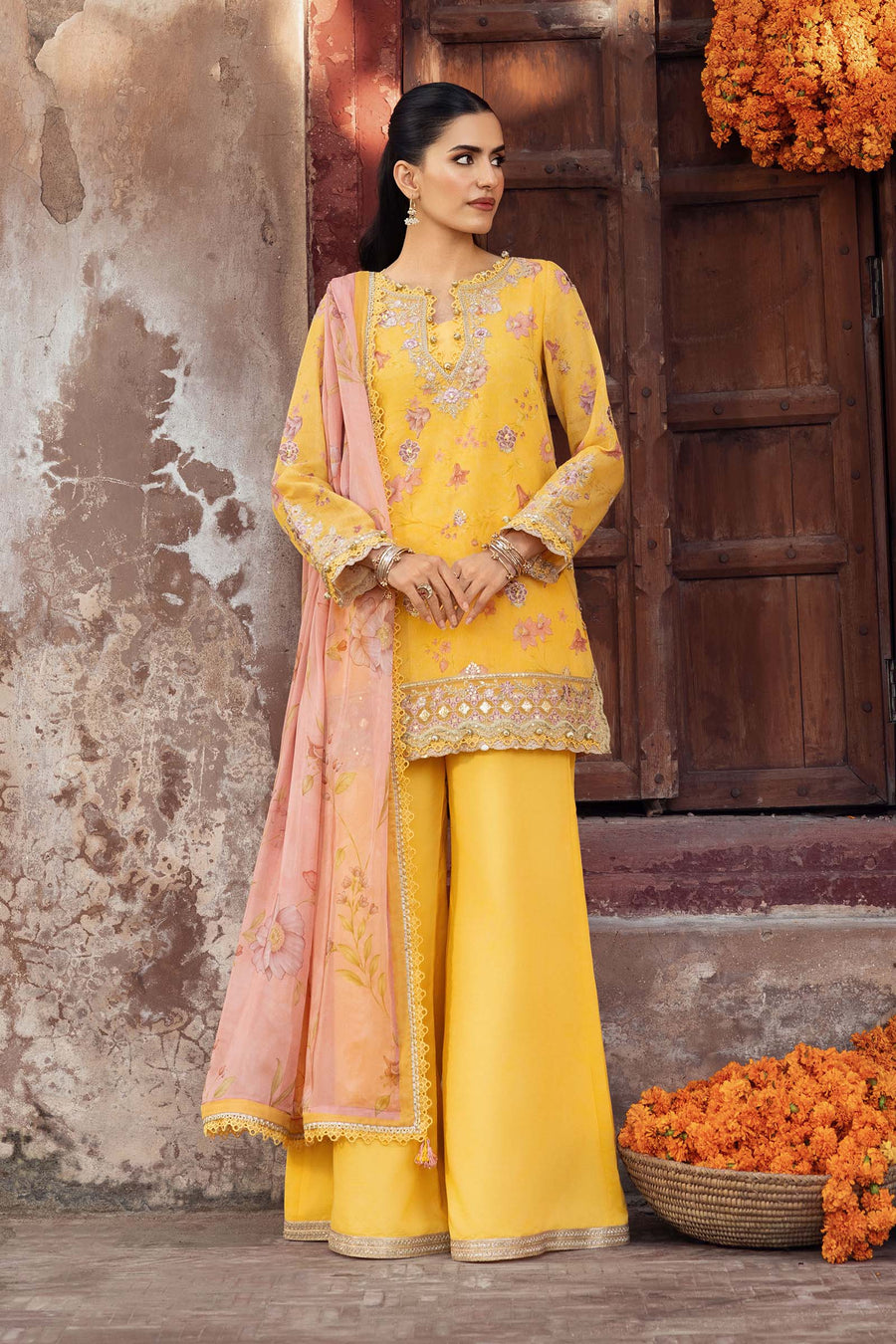 3 Pc Stitched Embroidered Silk Cotton Net Suit