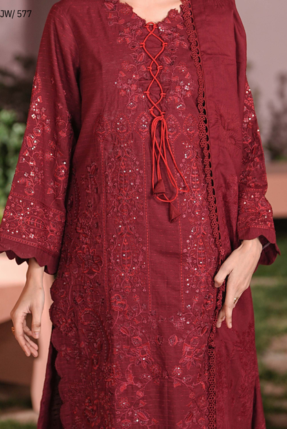 3 Piece Stitched Embroidered Dhanak Suit with Velvet Jacquard Shawl | Vihana by Johra JW