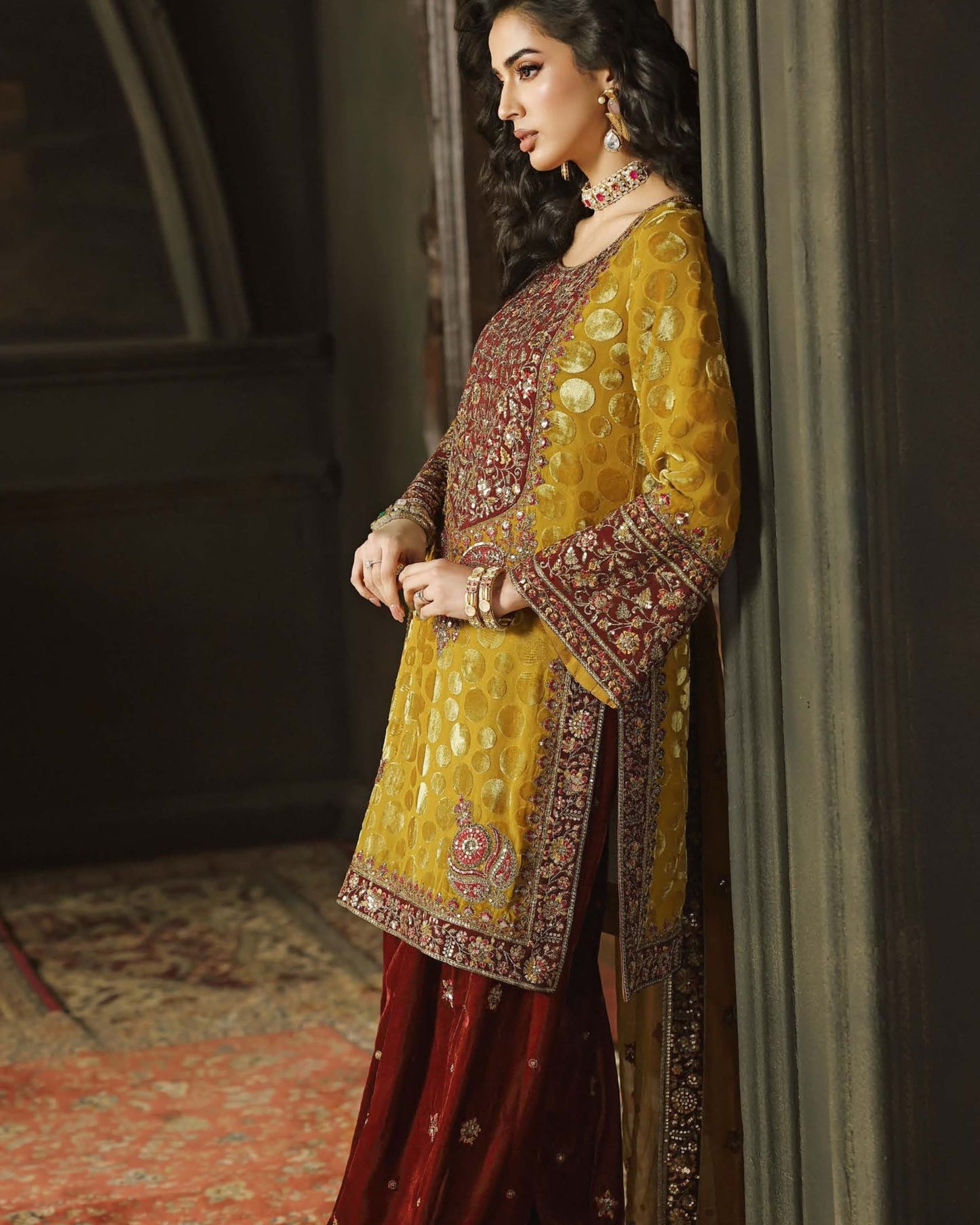 Charizma Signora Vol-II - Stitched Plachi Velvet 3-Pc - Bright Yellow (CVT5-16)