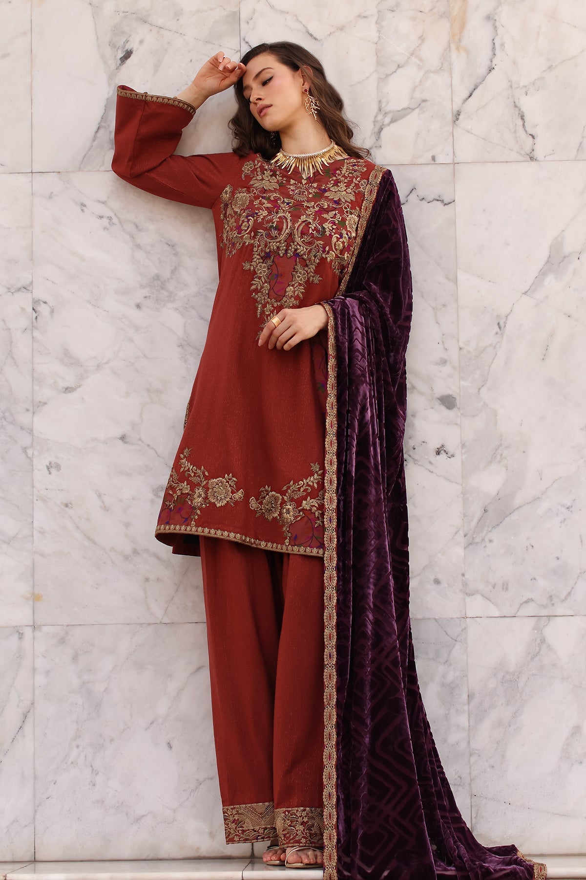 3-pc Stitched Embroidered Dyed Leather Shirt