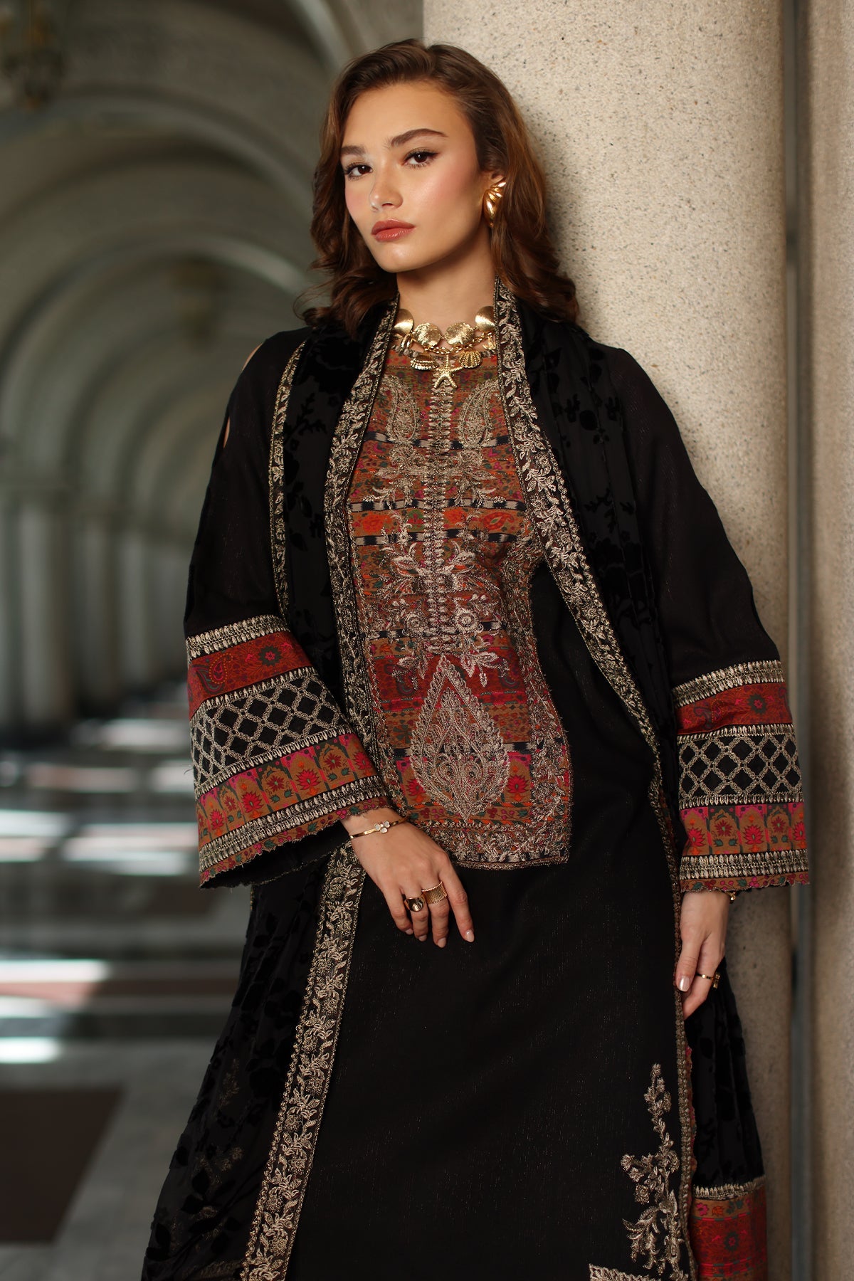 3-pc Stitched Embroidered Dyed Leather Shirt