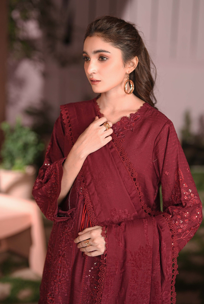 3 Piece Stitched Embroidered Dhanak Suit with Velvet Jacquard Shawl | Vihana by Johra JW