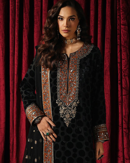Charizma Signora Vol-II - Stitched Plachi Velvet 3-Pc - Classic Black (CVT5-14)