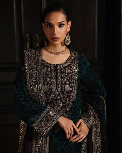 Charizma Signora Vol-II - Stitched Plachi Velvet 3-Pc - Deep Teal (CVT5-09)