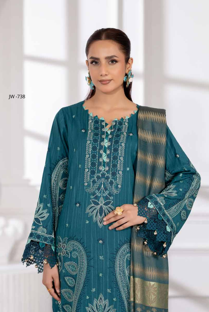 3 Piece Stitched Embroidered Winter Collection with Jacquard Shawl – Ameeli by Johra