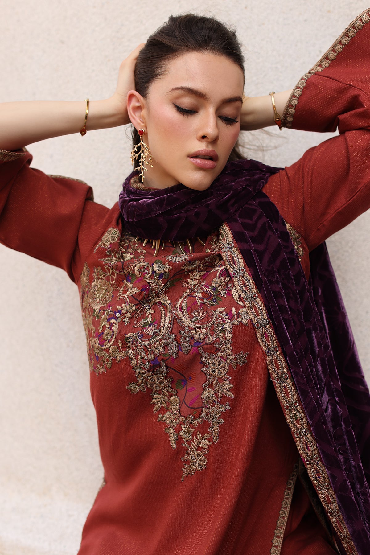3-pc Stitched Embroidered Dyed Leather Shirt