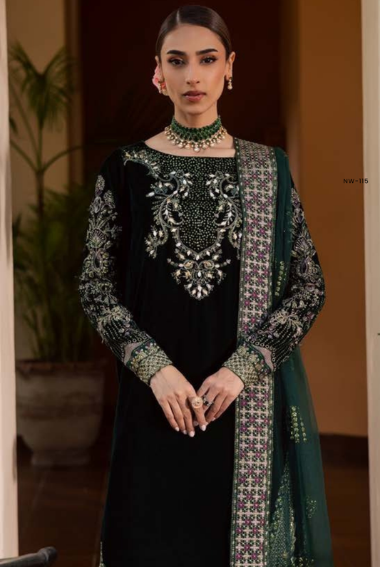 3 Piece Stitched Embroidered Velvet Suit with Shawl | Luxury Wedding Wear MAYA by Nureh