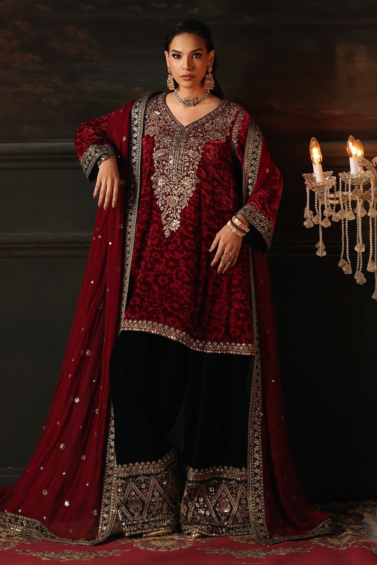Charizma Signora Vol-II - Stitched Plachi Velvet 3-Pc - Maroon & Black (CVT5-15)