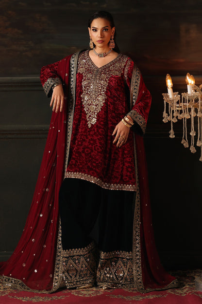 Charizma Signora Vol-II - Stitched Plachi Velvet 3-Pc - Maroon & Black (CVT5-15)