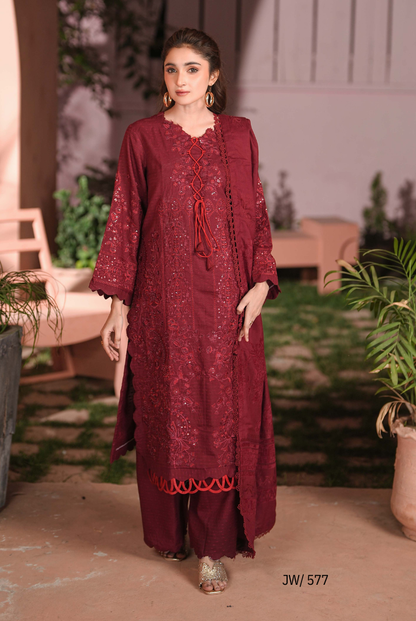 3 Piece Stitched Embroidered Dhanak Suit with Velvet Jacquard Shawl | Vihana by Johra JW