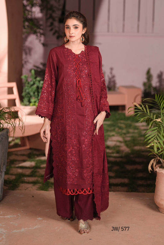 3 Piece Stitched Embroidered Dhanak Suit with Velvet Jacquard Shawl | Vihana by Johra JW