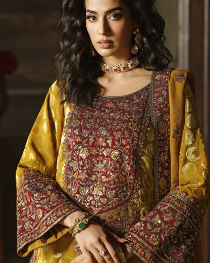 Charizma Signora Vol-II - Stitched Plachi Velvet 3-Pc - Bright Yellow (CVT5-16)