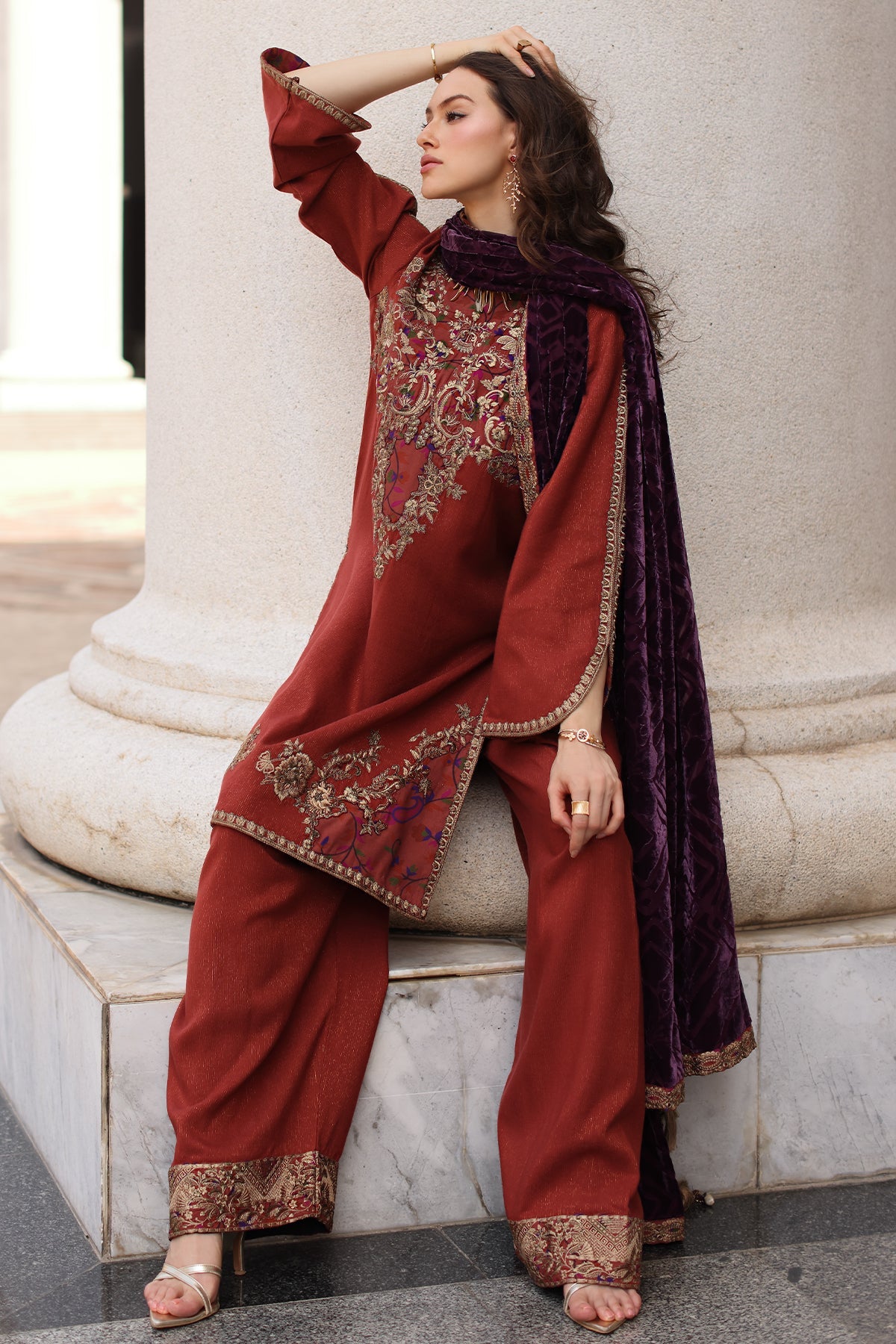 3-pc Stitched Embroidered Dyed Leather Shirt