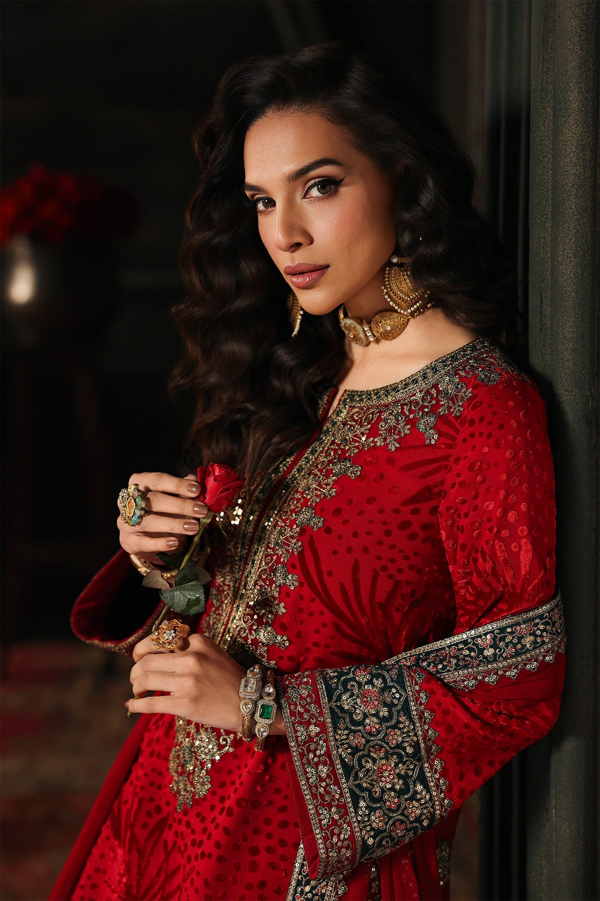 Charizma Signora Vol-II - Stitched Plachi Velvet 3-Pc - Deep Red (CVT5-10)