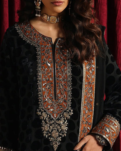 Charizma Signora Vol-II - Stitched Plachi Velvet 3-Pc - Classic Black (CVT5-14)