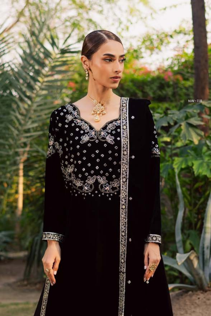 3 Piece Stitched Embroidered Velvet Suit with Shawl | Luxury Wedding Wear MAYA by Nureh
