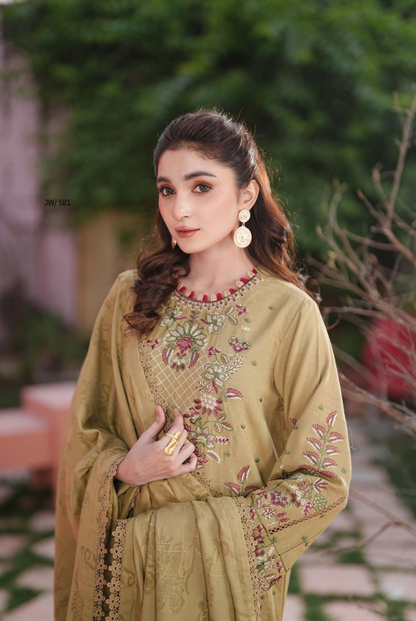 3 Piece Stitched Embroidered Dhanak Suit with Velvet Jacquard Shawl | Vihana by Johra JW