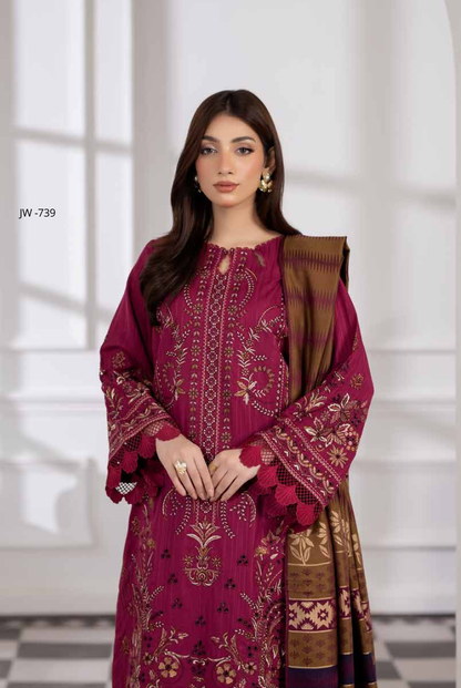 3 Piece Stitched Embroidered Winter Collection with Jacquard Shawl – Ameeli by Johra
