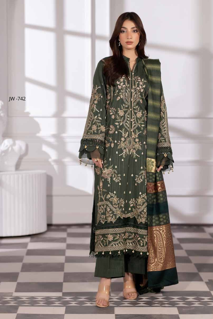 3 Piece Stitched Embroidered Winter Collection with Jacquard Shawl – Ameeli by Johra