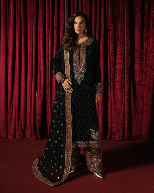 Charizma Signora Vol-II - Stitched Plachi Velvet 3-Pc - Classic Black (CVT5-14)