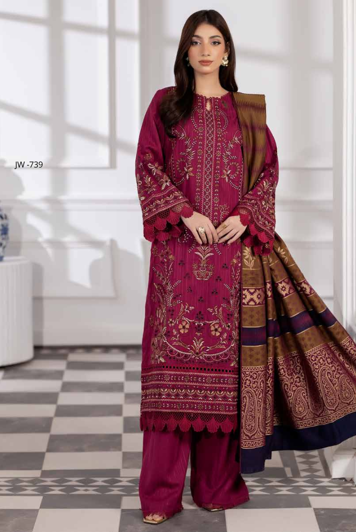 3 Piece Stitched Embroidered Winter Collection with Jacquard Shawl – Ameeli by Johra