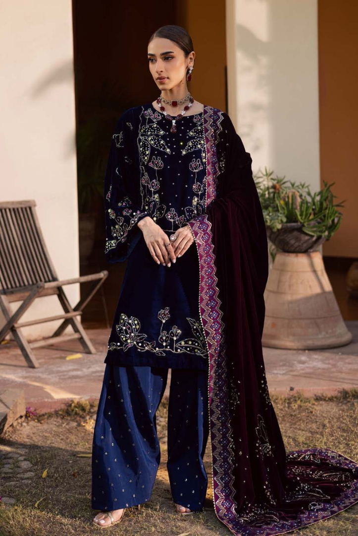 3 Piece Stitched Embroidered Velvet Suit with Shawl | Luxury Wedding Wear MAYA by Nureh