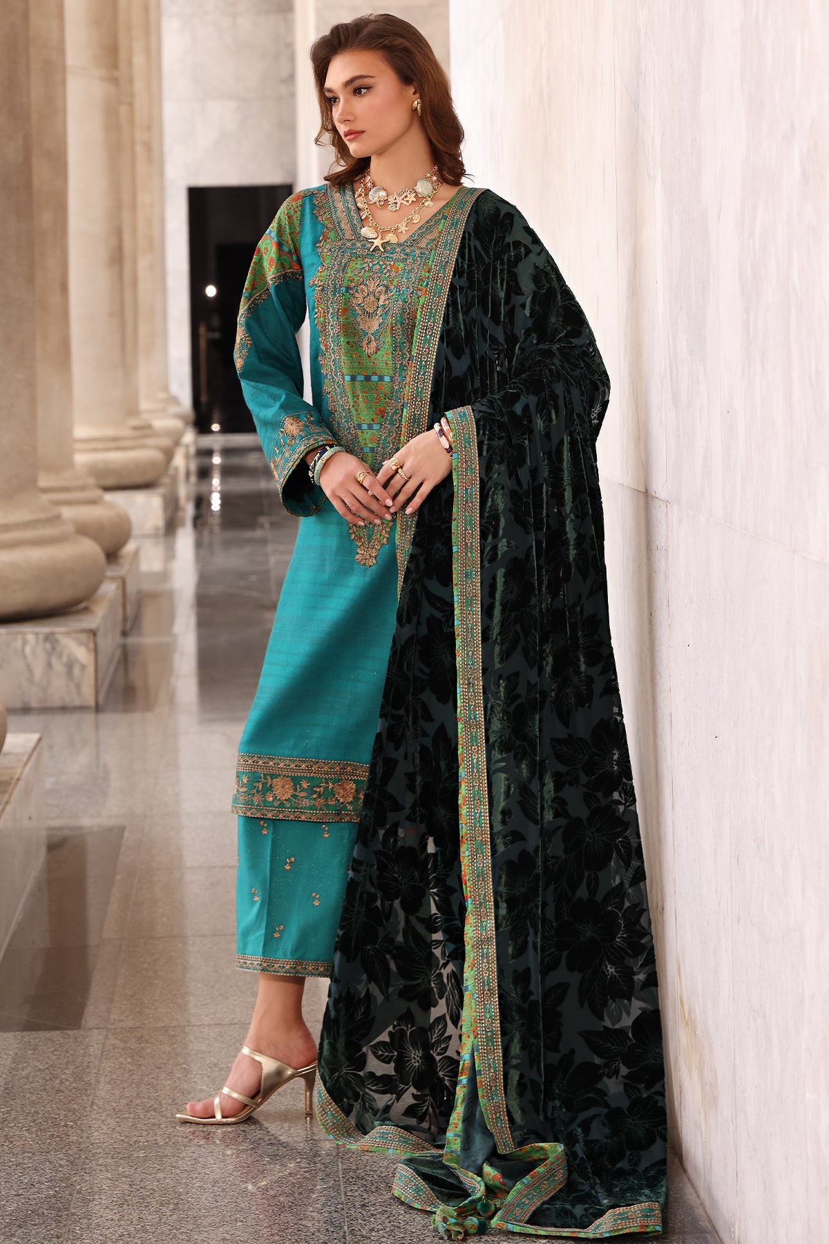 3-pc Stitched Embroidered Dyed Leather Shirt