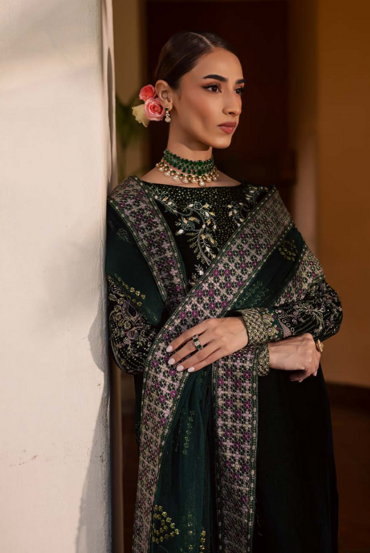 3 Piece Stitched Embroidered Velvet Suit with Shawl | Luxury Wedding Wear MAYA by Nureh