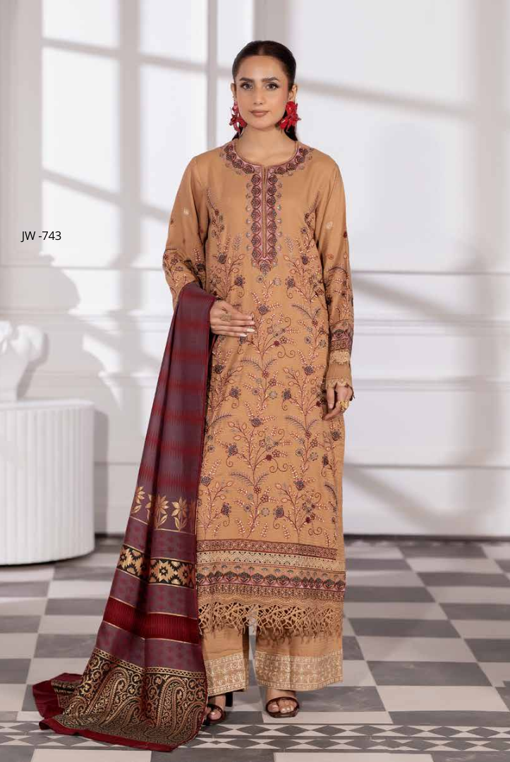 3 Piece Stitched Embroidered Winter Collection with Jacquard Shawl – Ameeli by Johra