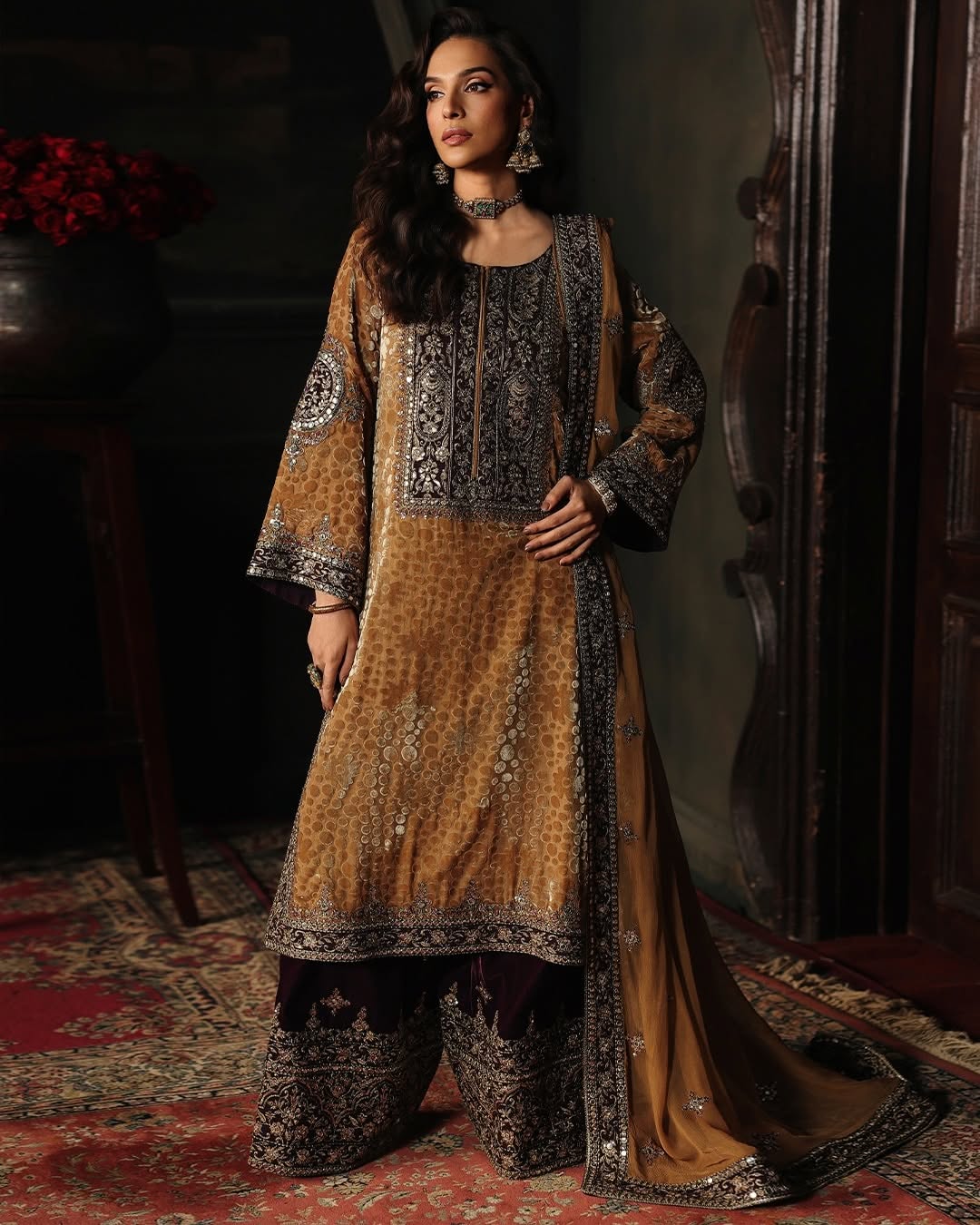 Charizma Signora Vol-II - Stitched Plachi Velvet 3-Pc - Olive Gold (CVT5-13)