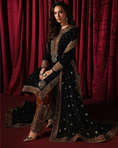 Charizma Signora Vol-II - Stitched Plachi Velvet 3-Pc - Classic Black (CVT5-14)