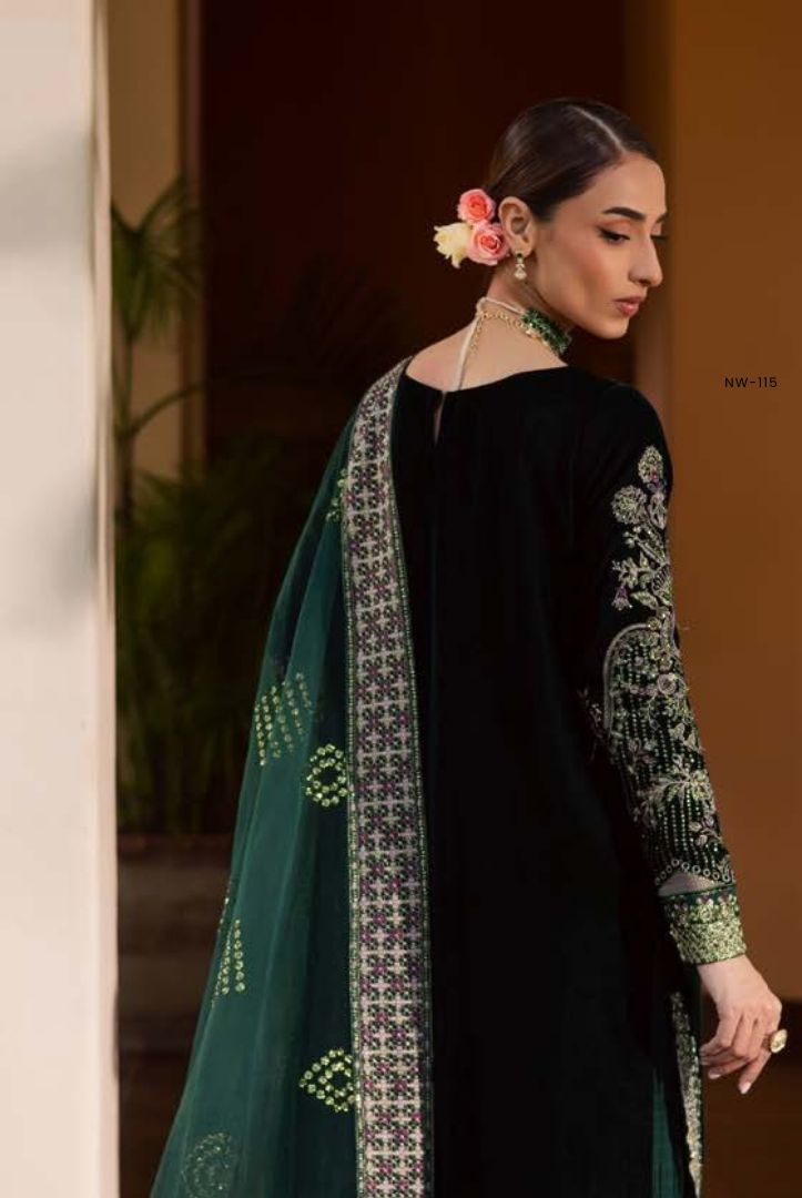 3 Piece Stitched Embroidered Velvet Suit with Shawl | Luxury Wedding Wear MAYA by Nureh