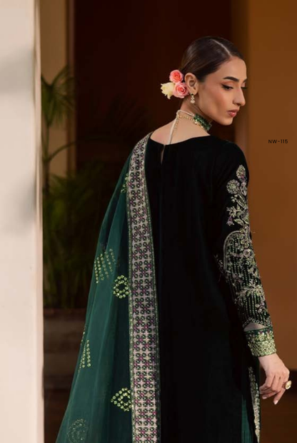 3 Piece Stitched Embroidered Velvet Suit with Shawl | Luxury Wedding Wear MAYA by Nureh