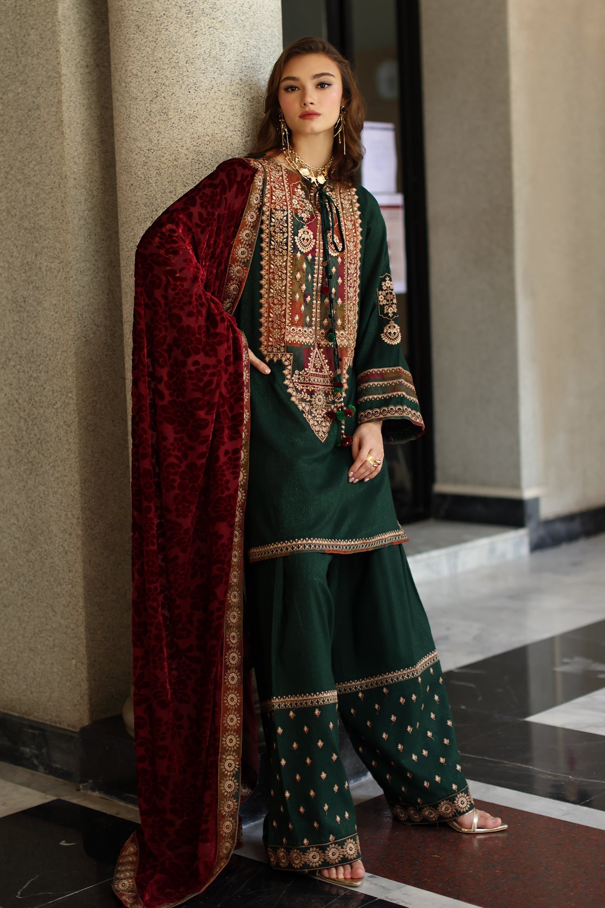 3-pc Stitched Embroidered Dyed Leather Shirt