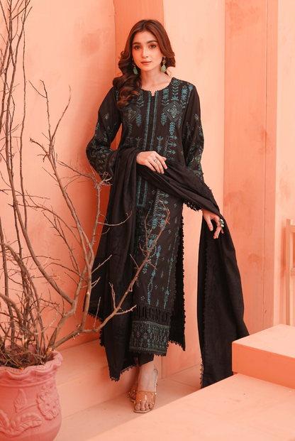 3 Piece Stitched Embroidered Dhanak Suit with Velvet Jacquard Shawl | Vihana by Johra JW