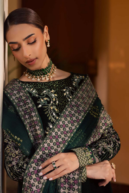 3 Piece Stitched Embroidered Velvet Suit with Shawl | Luxury Wedding Wear MAYA by Nureh