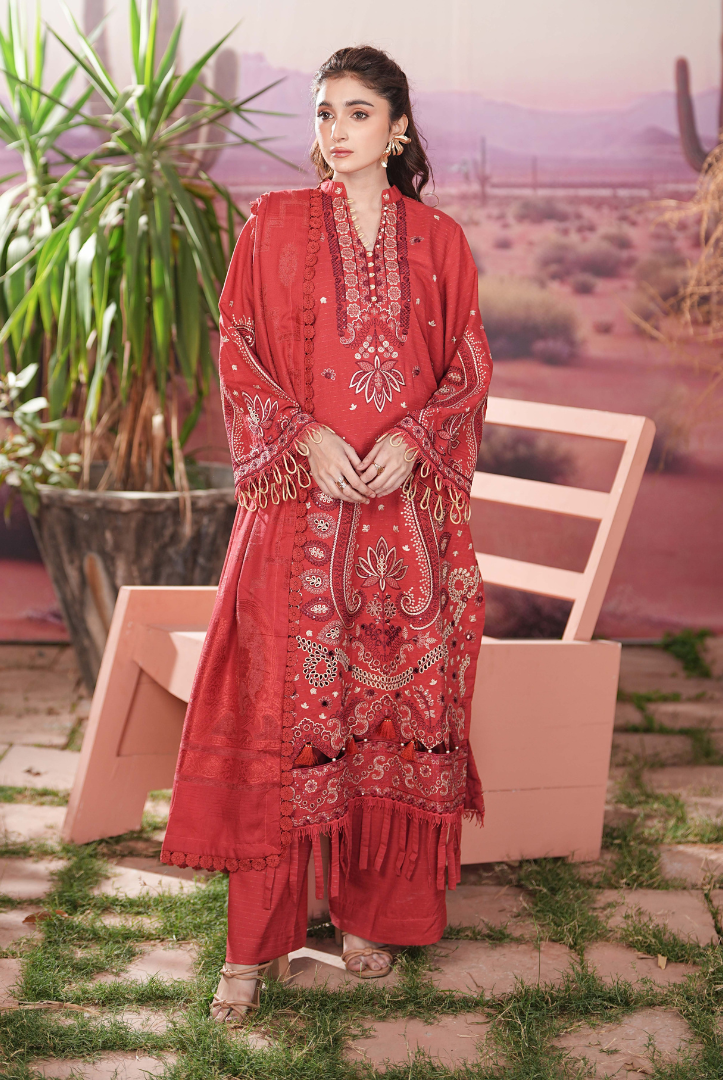 3 Piece Stitched Embroidered Dhanak Suit with Velvet Jacquard Shawl | Vihana by Johra JW