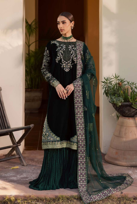 3 Piece Stitched Embroidered Velvet Suit with Shawl | Luxury Wedding Wear MAYA by Nureh