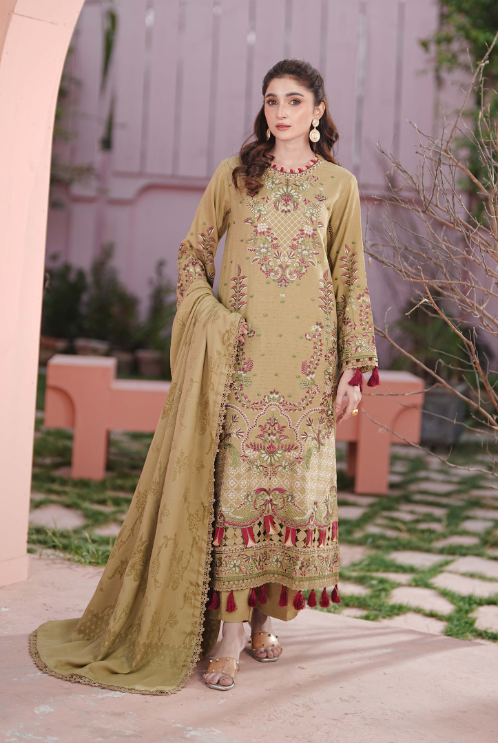 3 Piece Stitched Embroidered Dhanak Suit with Velvet Jacquard Shawl | Vihana by Johra JW