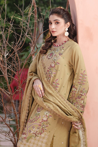 3 Piece Stitched Embroidered Dhanak Suit with Velvet Jacquard Shawl | Vihana by Johra JW