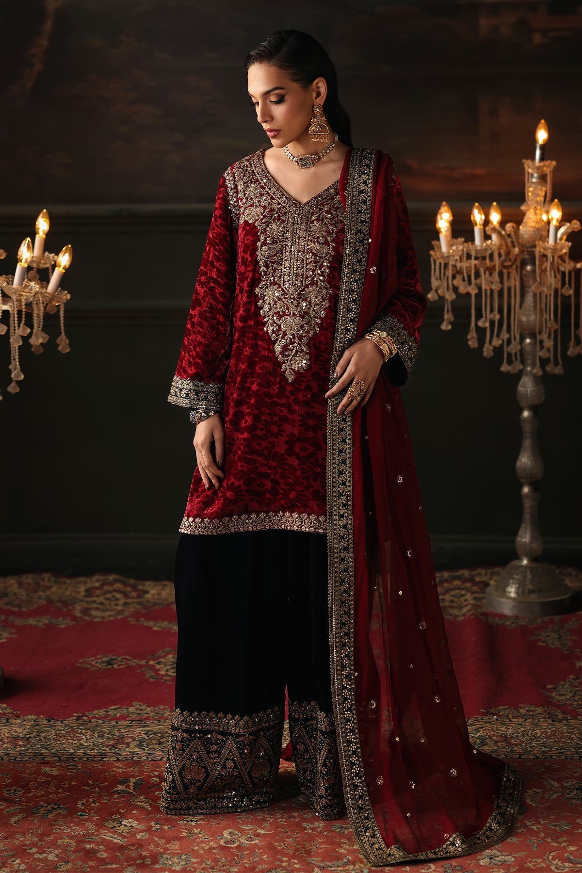 Charizma Signora Vol-II - Stitched Plachi Velvet 3-Pc - Maroon & Black (CVT5-15)
