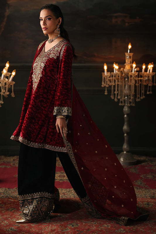 Charizma Signora Vol-II - Stitched Plachi Velvet 3-Pc - Maroon & Black (CVT5-15)
