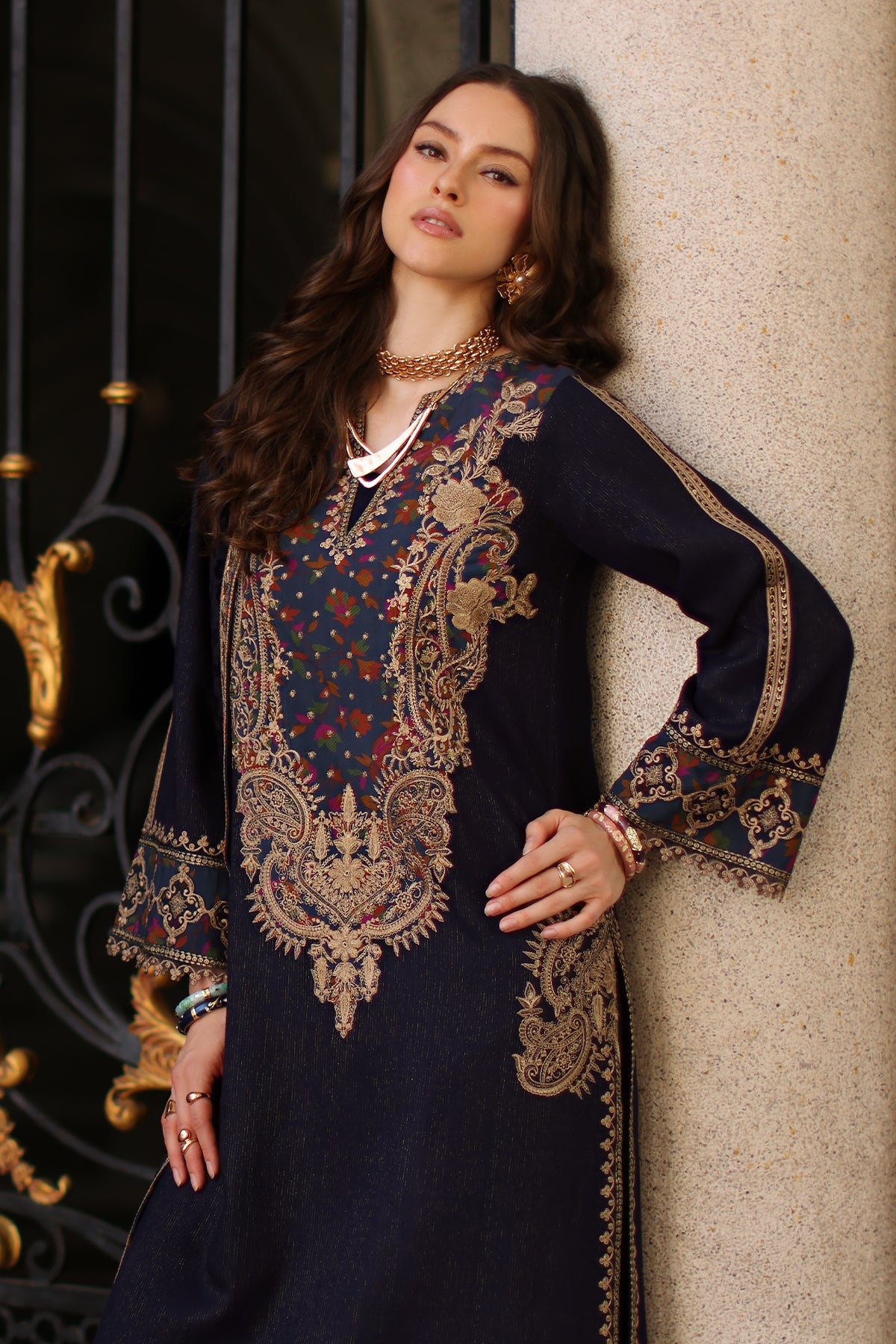 3-pc Stitched Embroidered Dyed Leather Shirt