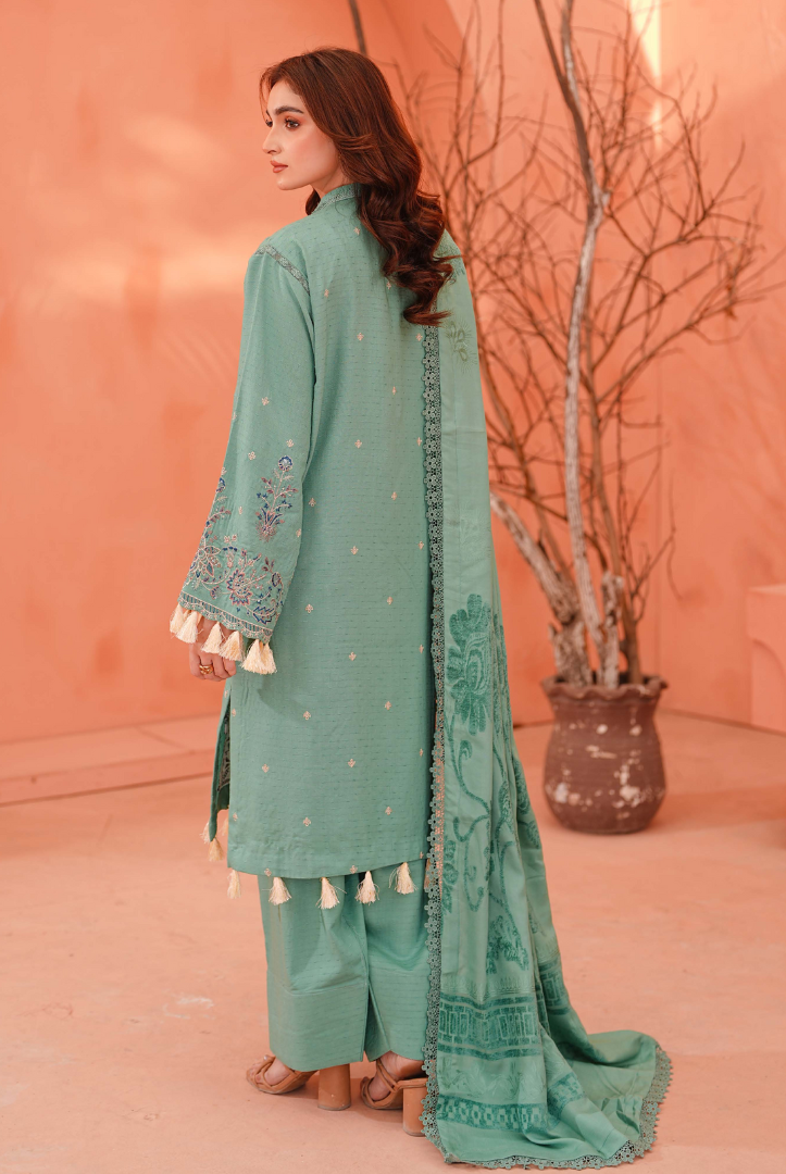 3 Piece Stitched Embroidered Dhanak Suit with Velvet Jacquard Shawl | Vihana by Johra JW