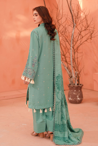 3 Piece Stitched Embroidered Dhanak Suit with Velvet Jacquard Shawl | Vihana by Johra JW