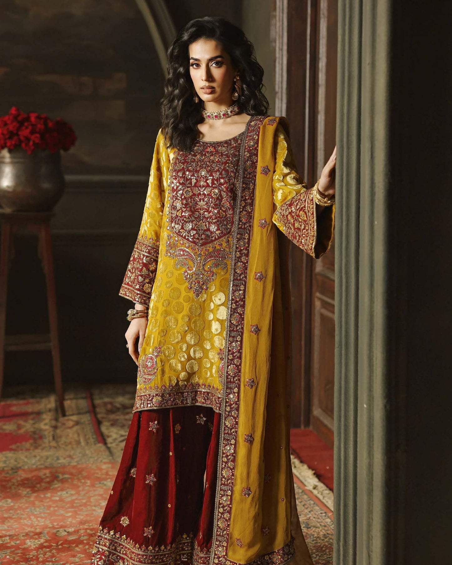 Charizma Signora Vol-II - Stitched Plachi Velvet 3-Pc - Bright Yellow (CVT5-16)