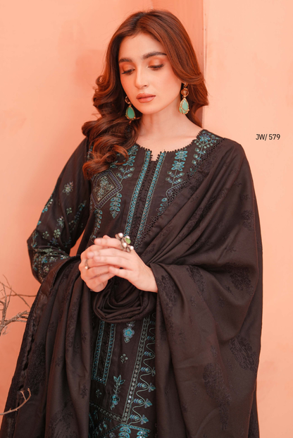 3 Piece Stitched Embroidered Dhanak Suit with Velvet Jacquard Shawl | Vihana by Johra JW
